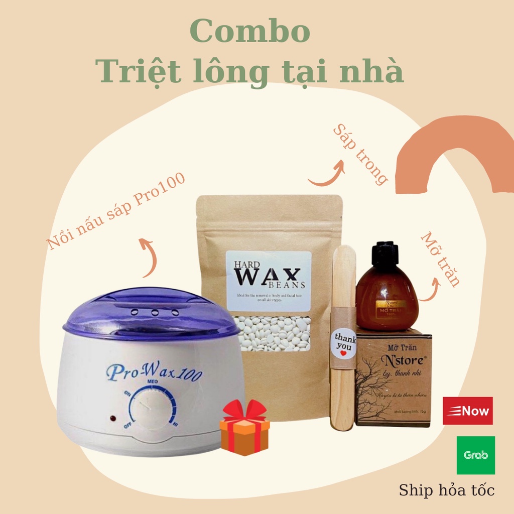 Combo triệt lông vĩnh viễn bao gồm 3 sản phẩm nồi nấu sáp chuyên dụng  pro100, mỡ trăn nguyên chất và hạt wax nóng