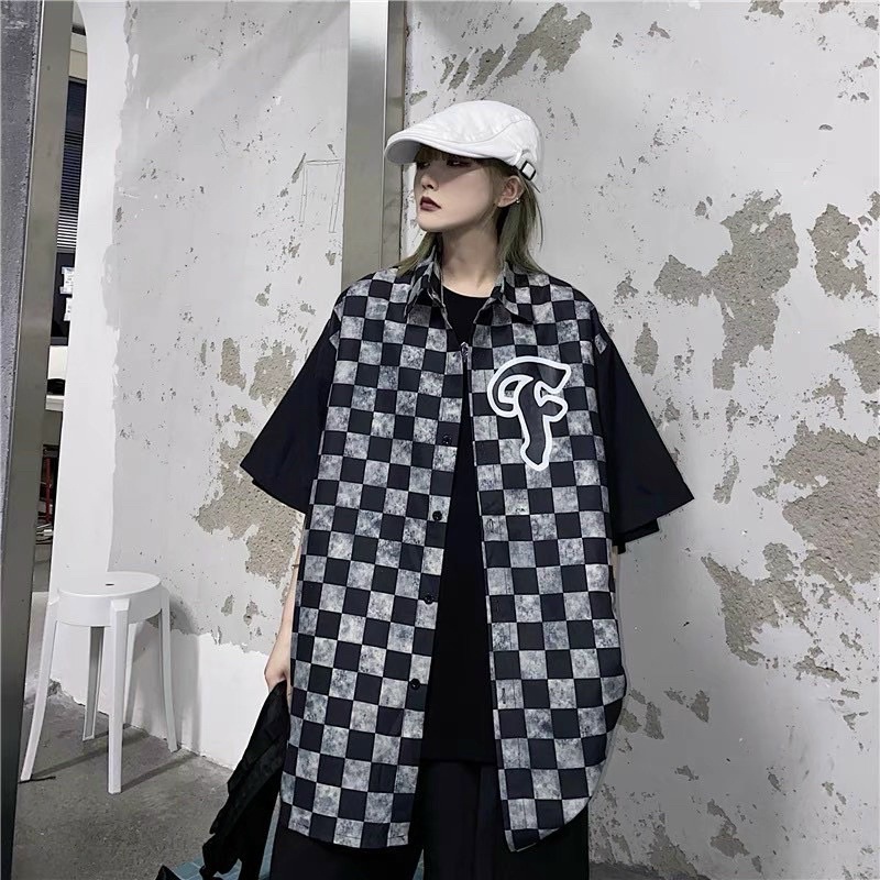 Áo sơ mi 🌸 Áo cổ bẻ form rộng unisex cộc tay bàn cờ chữ F phong cách Hàn Quốc Ulzzang PHULA nữ
