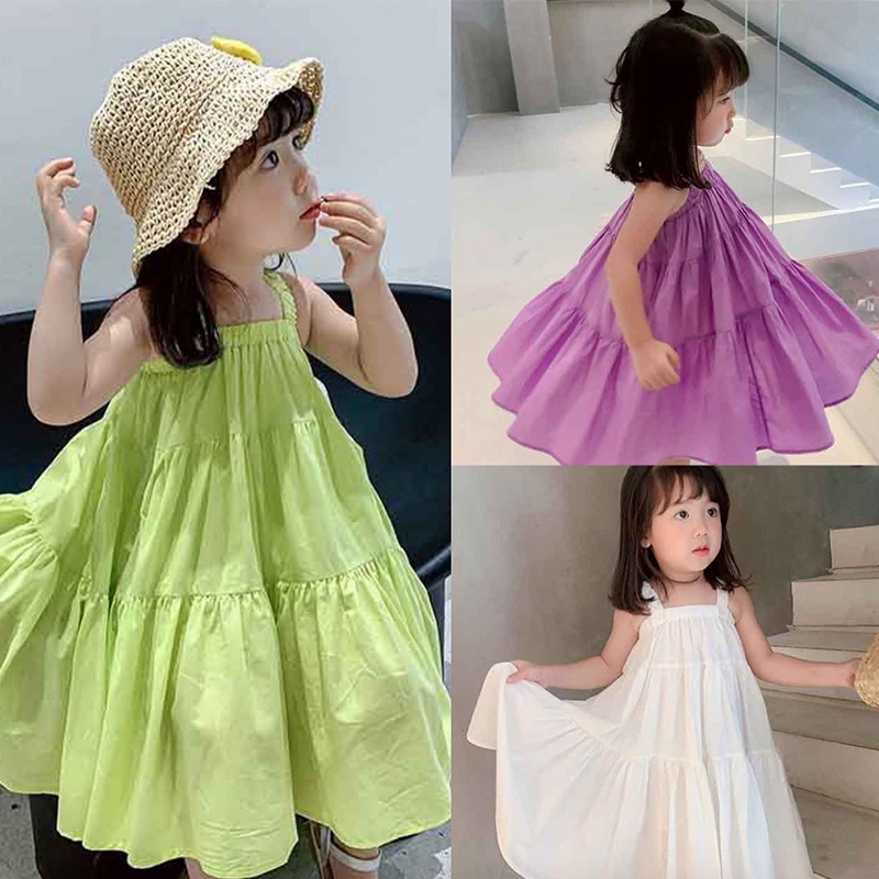 Đầm Hai Dây Dạ Quang Màu Xanh Lá / Tím Thời Trang Mùa Hè Cho Bé Gái 2-7 Tuổi