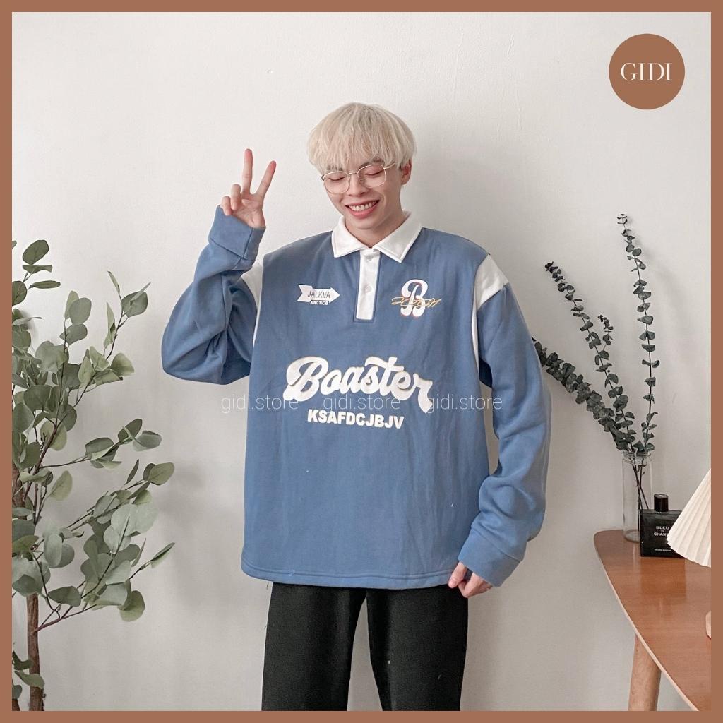 Áo Sweater Boaster cổ POLO Nam Nữ Unisex in chữ màu xám xanh/ trắng/ xám/ choco/ tan vải nỉ lót bông form rộng OVERSIZE