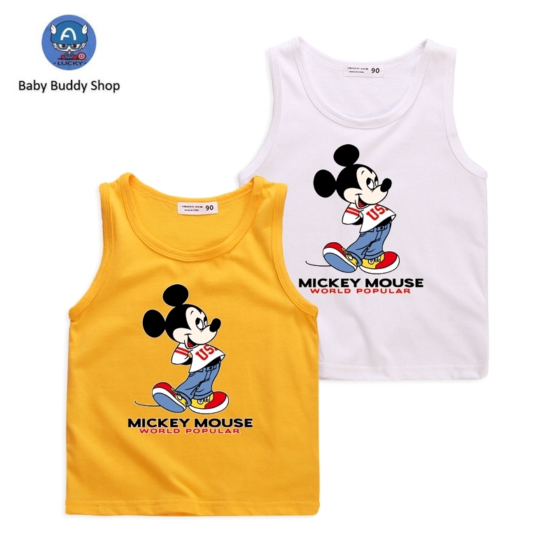 Áo Thun 100% Cotton Không Tay In Hình Chuột Mickey 8 Màu Cho Bé Trai