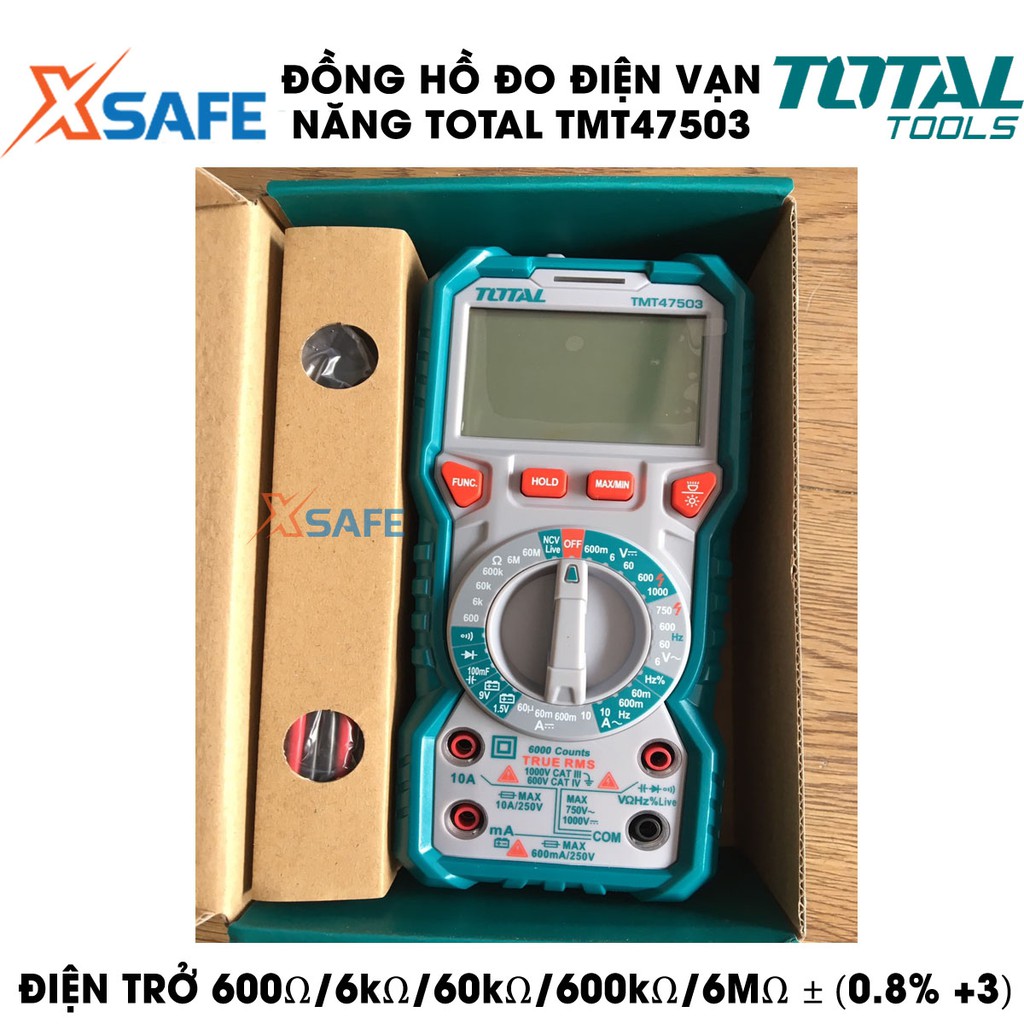 Đồng hồ đo điện vạn năng TOTAL TMT47503 Thiết bị đo điện cầm tay màn hình LCD 6000 số đếm, có đèn nền, đèn chiếu sáng