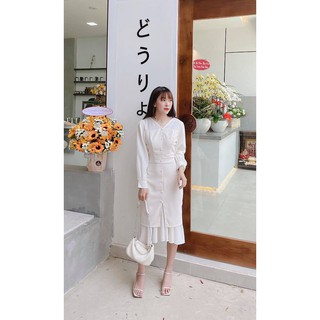 Đầm nude phối voan đuôi cá tay dài