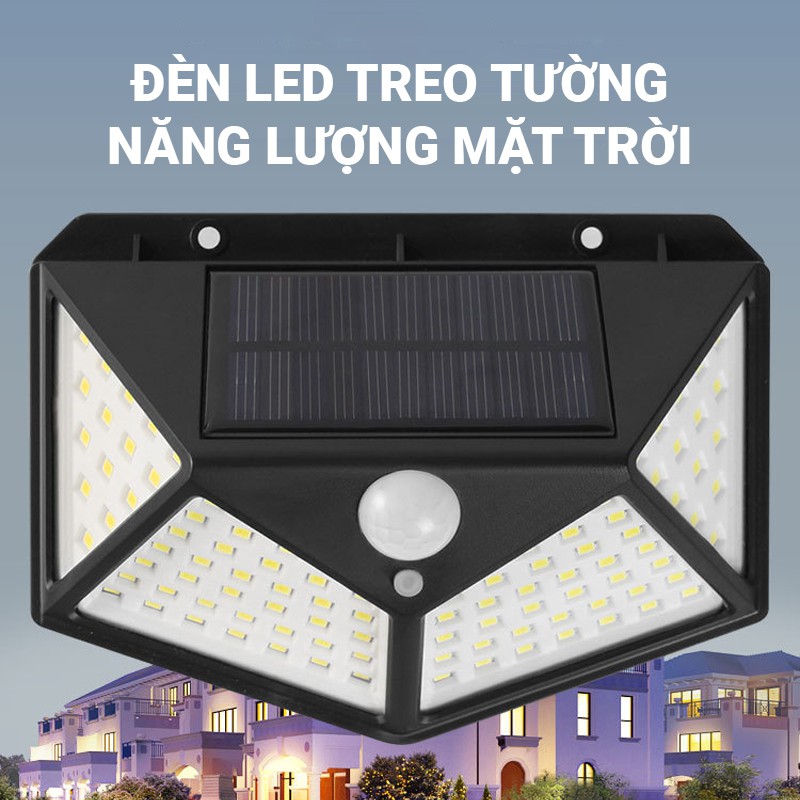 Đèn LED treo tường năng lượng mặt trời 100 bóng LED, cảm ứng thông minh, không tốn tiền điện, đèn cực sáng 600 Lumen