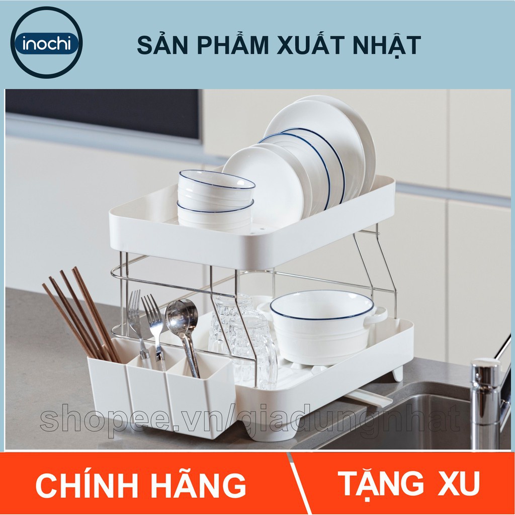 ♙☾✜Kệ Để Chén Bát Nhựa Inox 2 Tầng Inochi Có Khay Thoát Nước Thông Minh Dùng Làm Giá Úp Đĩa Đũa Trên Chậu Rửa