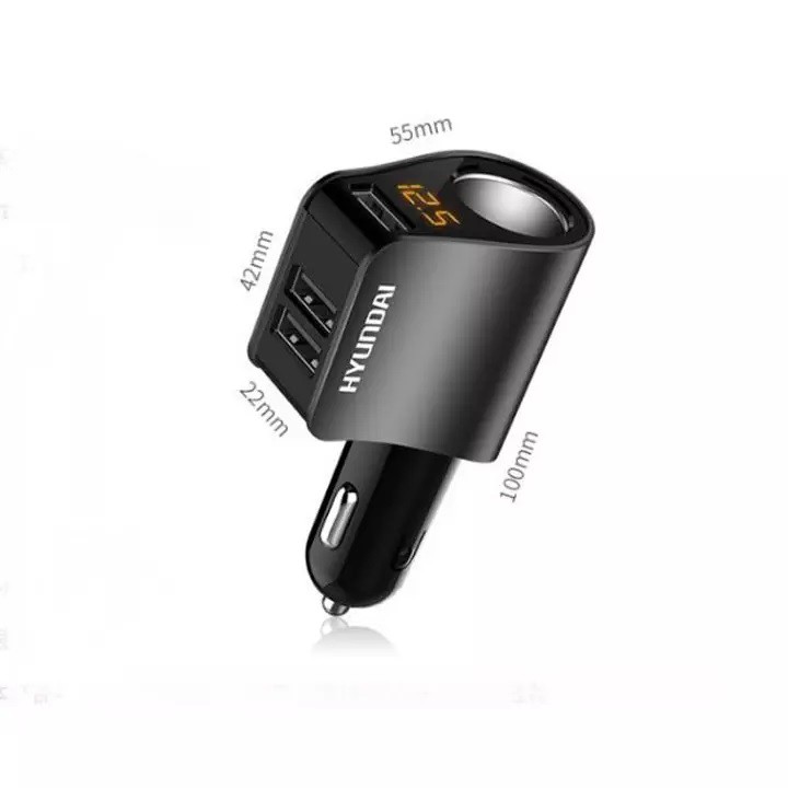 Tẩu Sạc Ô Tô Chính Hãng Hyundai HY-10 - Cốc Sạc Nhanh 3 Cổng USB Có Đèn Led Báo Điệp Áp Ác Quy