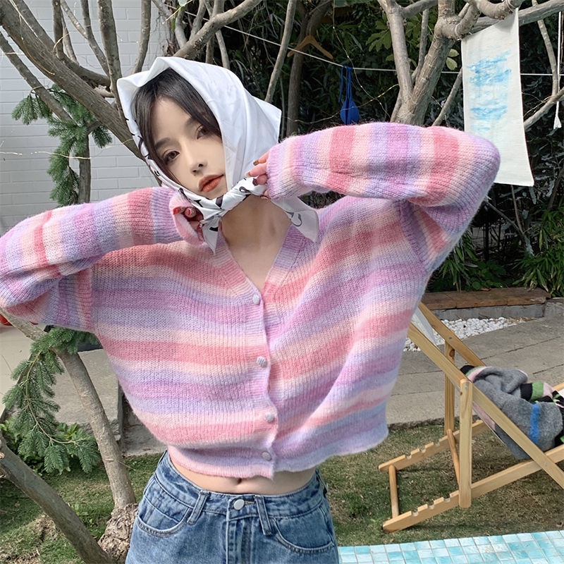 Áo Khoác Cardigan Dệt Kim Cổ Chữ V Tay Dài Dáng Rộng Kẻ Sọc Cầu Vồng Xinh Xắn Cho Nữ