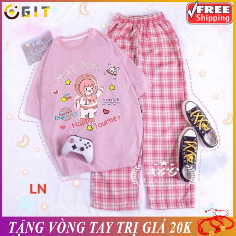 Sét áo cô bé phi hành gia ngắn tay + quần kẻ màu , Thiết kế thời trang phù hợp xu hướng hiện nay, Kiểu dáng đa phong các