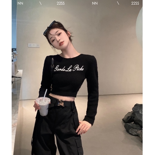 Set Áo Len Tay Dài + Áo Thun Cộc Tay In Chữ Thời Trang Nữ