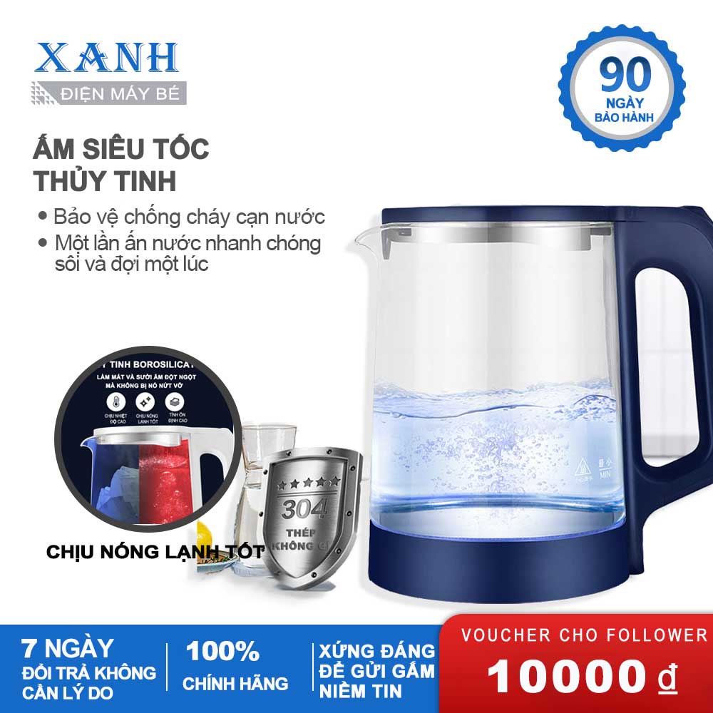 Bình Đun Nước, Bình Siêu Tốc Thuỷ Tinh, Ấm Siêu Tốc Thủy Tinh Dung tích 1.8L - Đun Sôi Nước Nhanh, An Toàn-BH 3 tháng