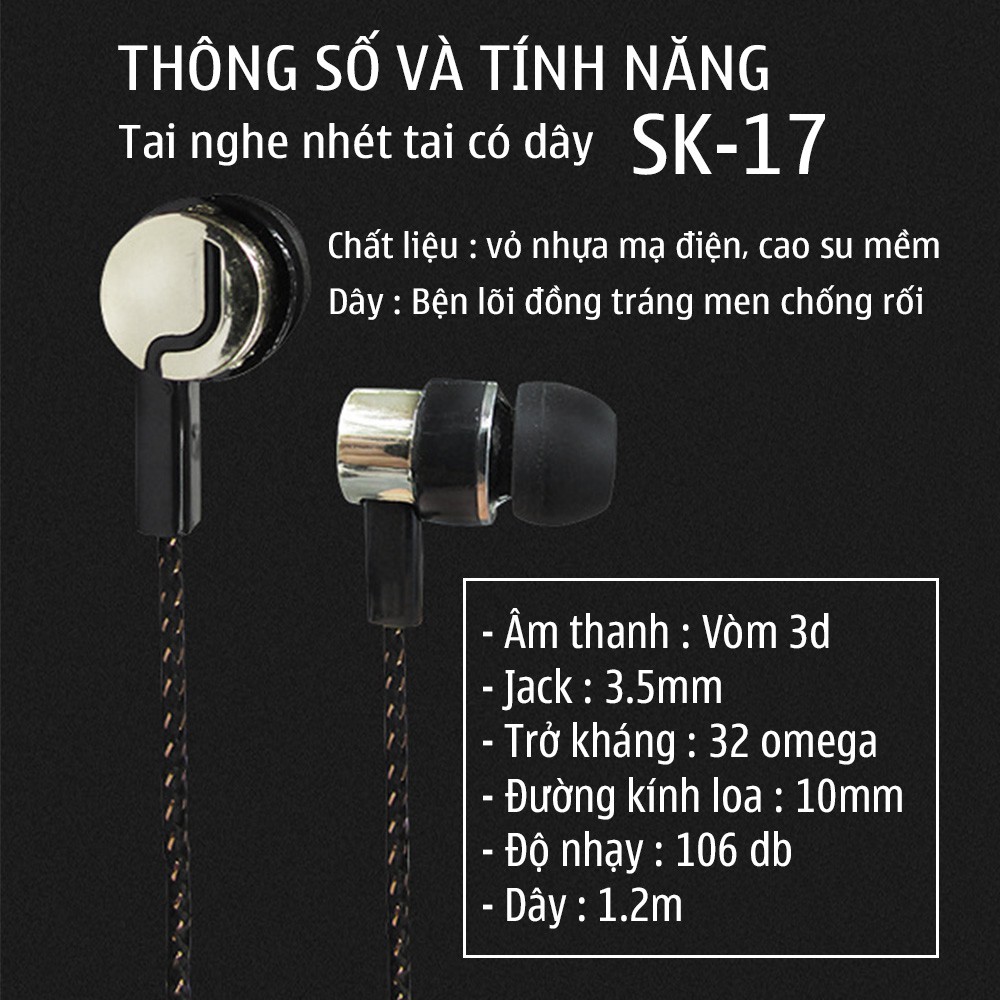 FREESHIP - Tai nghe nhét tai có dây SK-17 Extra Bass dòng tai nghe Gaming, jack 3.5mm tương thích với điện thoại