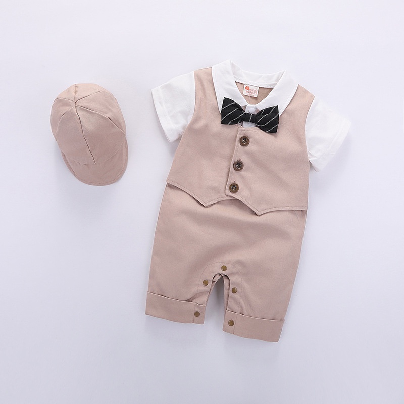 Set Đồ Mùa Hè 2 Món Gồm Áo Liền Quần Cotton Tay Cộc + Mũ Thời Trang Hàn Quốc Cho Bé 0-2 Tuổi