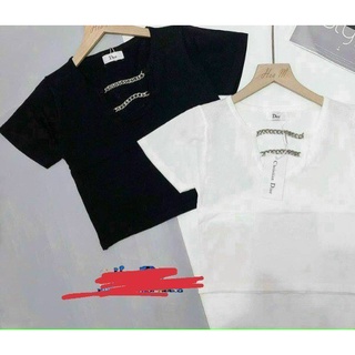 Áo thun cổ tròn tay ngắn croptop phối khoét 2 dây xích trước cá tính