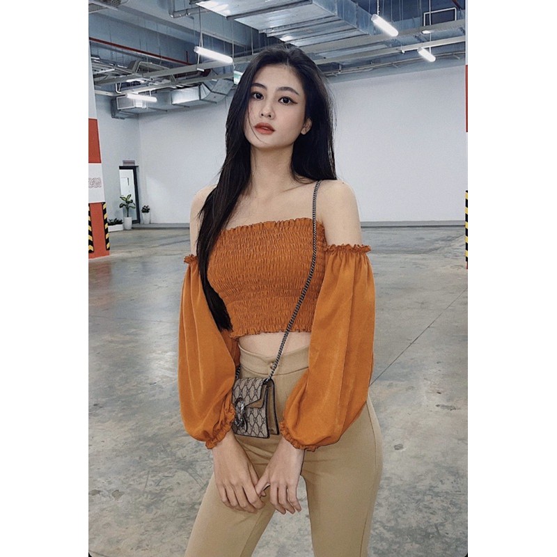 Áo croptop nữ tay dài HHVINTAGE kiểu bẹt vai chạy chỉ thun co giãn TOP A52