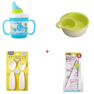 Combo Cốc Tập Uống + Bát Chia Ngăn + Thìa Dĩa Nhựa + Đũa Tập Ăn (Nhật)