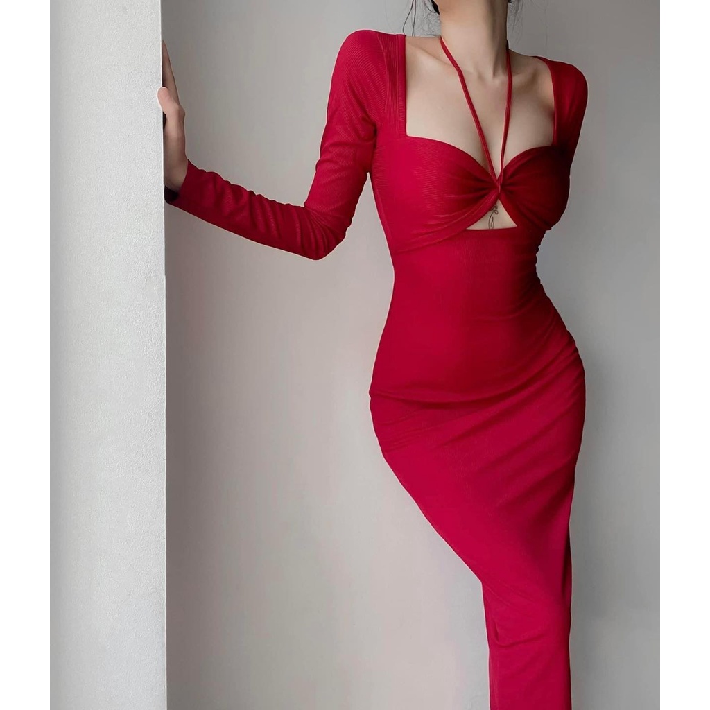 [HÀNG THIẾT KẾ CAO CẤP] Đầm Body Thun Gân Cổ Yếm Rút Ngực Tay Dài Tôn Dáng Màu Đỏ Sang Trọng Đi Tiệc Form Dài