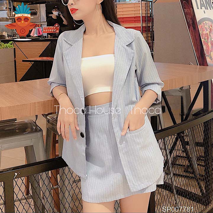 Set áo khoác vest sọc xanh biển phối chân váy lưng thun THOCA HOUSE 2 túi mổ đi làm, đi học freesize dưới 55kg | BigBuy360 - bigbuy360.vn