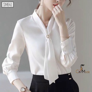 [BIG SALE] Sơ Mi Công Sở Trắng Dài Tay Cổ V SM641