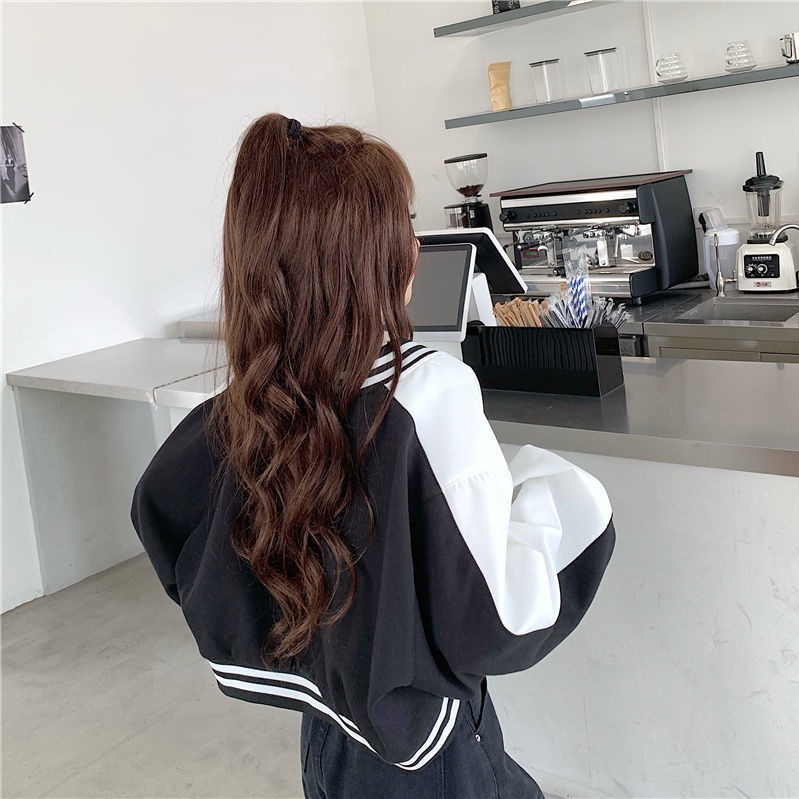 Mới Áo Khoác Bóng Chày Tay Dài Dáng Rộng Thêu Chữ Phối Màu Tương Phản Cá Tính