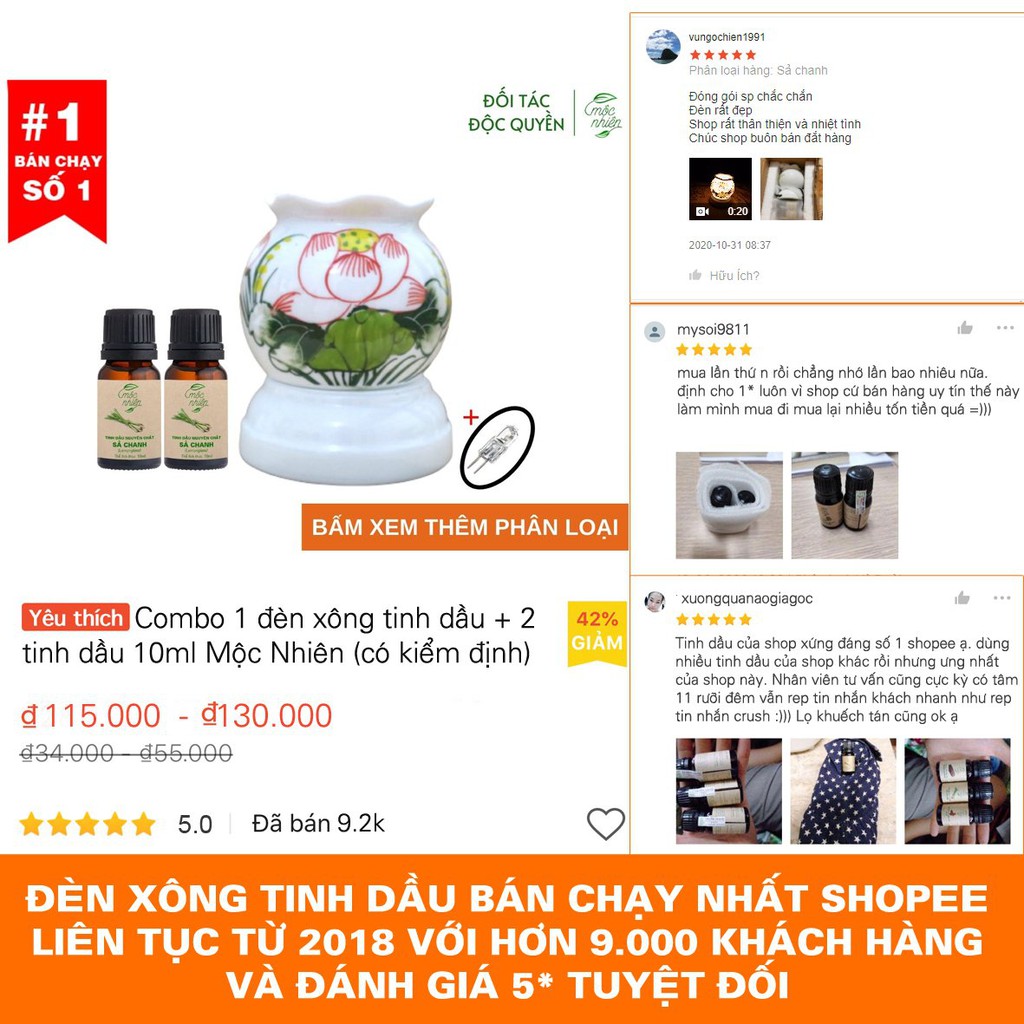 Combo 1 đèn xông tinh dầu gốm Bát Tràng + 2 tinh dầu 10ml Mộc Nhiên (có kiểm định) + 1 bóng đèn dự phòng