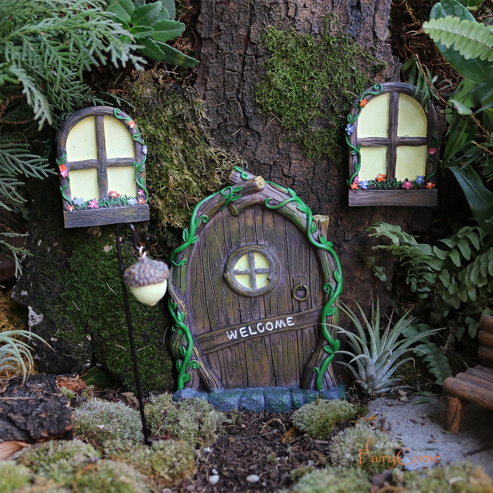 Miniature Tree Decor Fairy Garden Door and Windows Kit with Lamp Glow In The Dark Outdoor Ornament