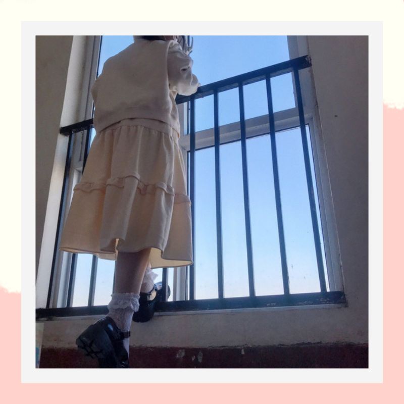 Chân váy xòe 2 tầng midi dáng dài hàn quốc,chân váy dài cho người lùn phòng cách hàn quốc màu be 01