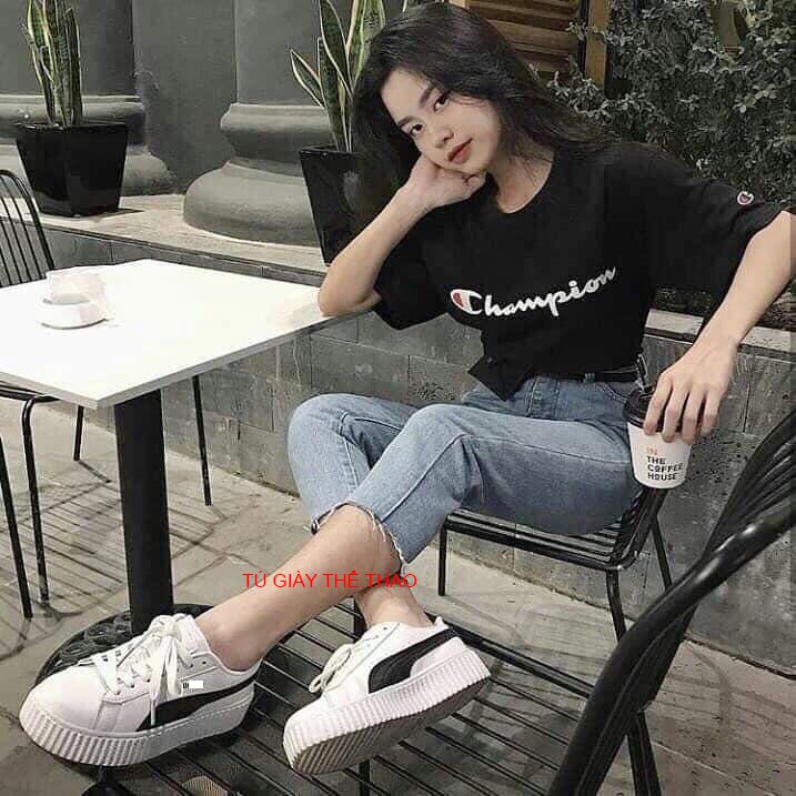 Giày Nữ Cá Tính PM001 màu Trắng kẻ Đen.