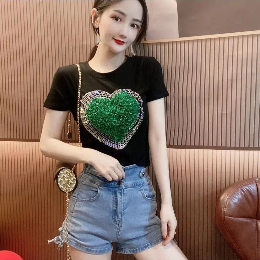 Hàng Mới Về Áo Thun Tay Ngắn Cổ Tròn Thoáng Khí Đính Đá Phong Cách Châu Âu Hàng Mới Dành Cho Bạn Nữ