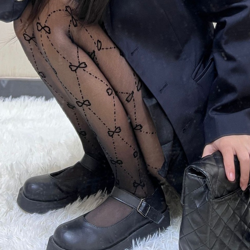 Xiangbao Quần Tất Mỏng Xuyên Thấu Kẻ Sọc Đính Nơ Trái Tim Phong Cách Harajuku Preppy Ngọt Ngào Cho Nữ