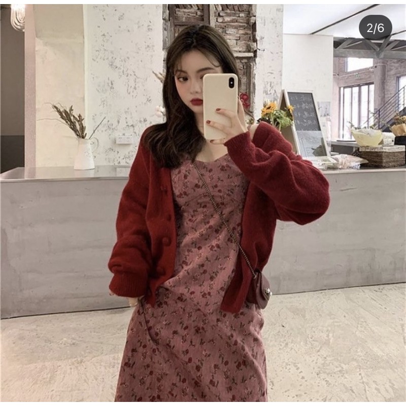 Set áo cardigan váy hoa