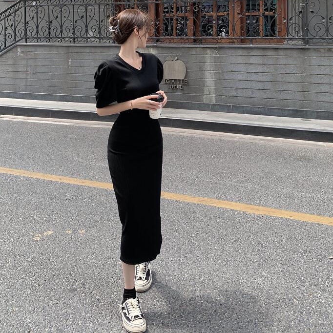 Đầm tay phồng họa tiết kẻ sọc phong cách retro Pháp thời trang mùa hè thanh lịch cho nữ