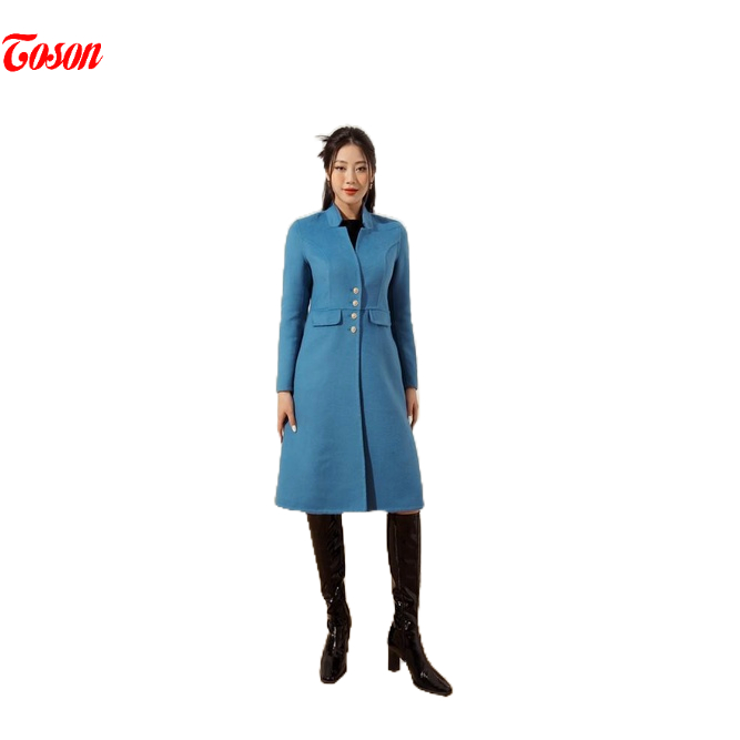 Áo dạ lông cừu xanh dương, dáng dài cổ leo Limitted Toson 99990X52