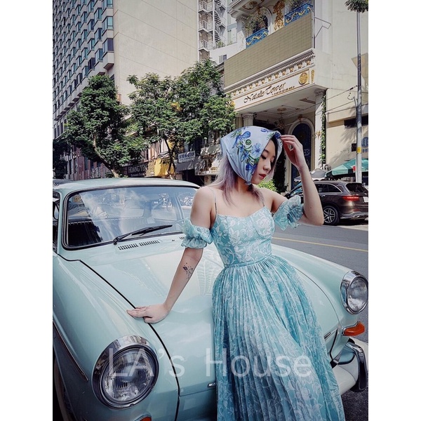 Váy maxi xếp ly màu xanh hothit