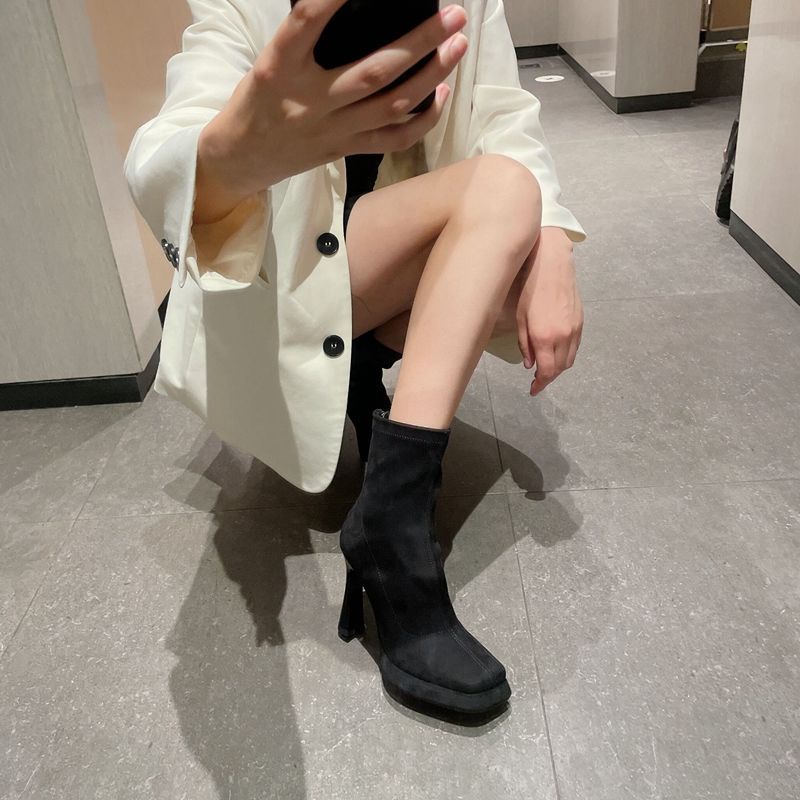 Giày Bốt Ngắn Đế Dày Mũi Vuông Dày Dặn Co Giãn Chống Nước Có Khóa Kéo Sau Lưng Phong Cách Mới