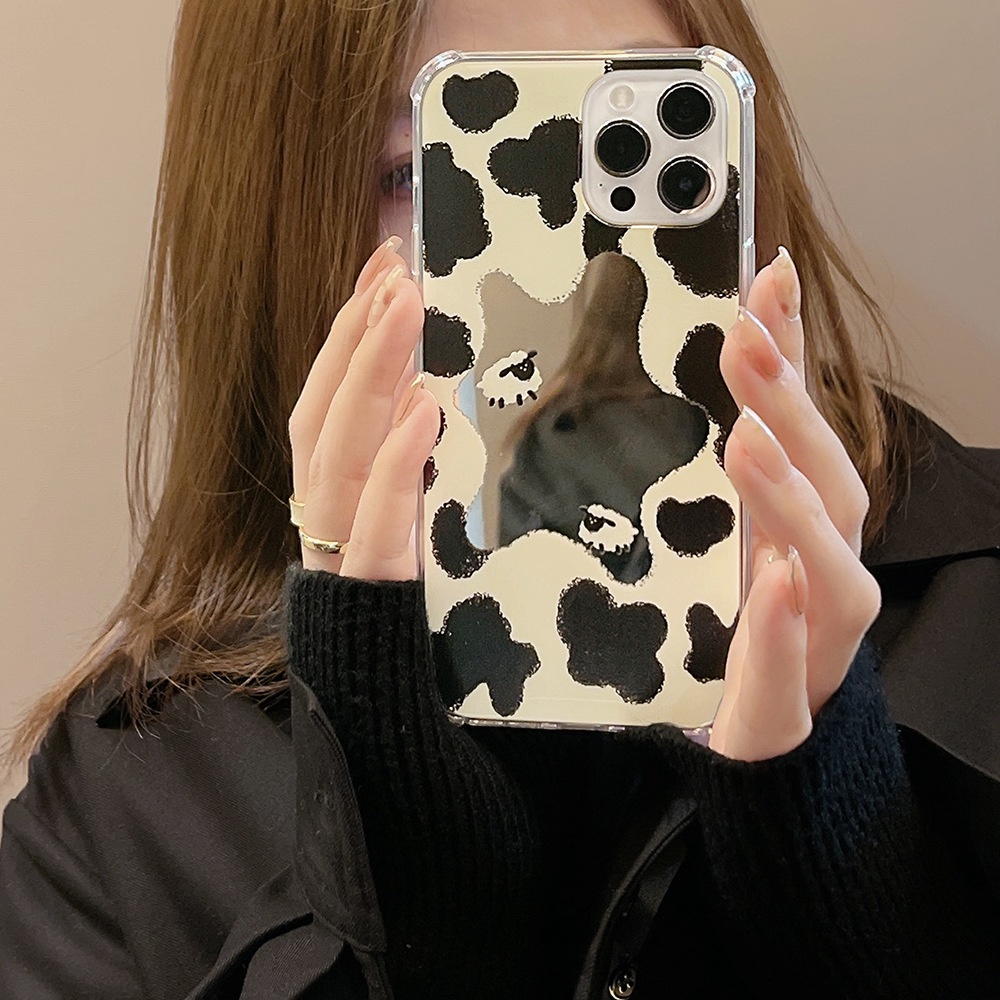 Dễ Thương Ốp Điện Thoại Mềm Họa Tiết Bò Sữa Kèm Gương Cho iphone 7 8 plus x xr xs 11 12 13 14 15 mini pro max se 2020