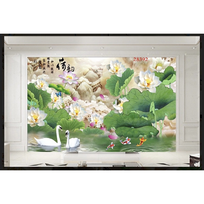 tranh hoa sen chim thiên nga dán tường 3d. tranh in vải lụa kèm keo