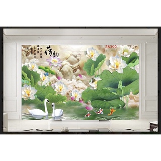 Tranh hoa sen chim thiên nga dán tường 3d. tranh in vải lụa kèm keo