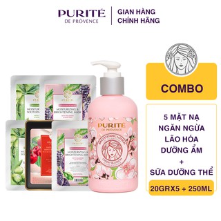 Combo 5 miếng mặt nạ Purité chăm sóc toàn diện 20gx5 tặng Sữa dưỡng thể Purité Hoa Anh Đào 250ml