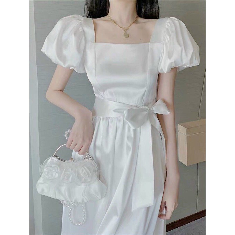Đầm midi phi lụa trắng nữ tay phồng váy lửng xoè tiểu thư công chúa vintge ulzzang | BigBuy360 - bigbuy360.vn