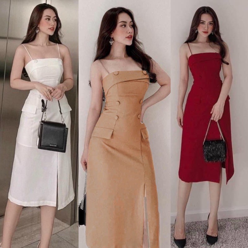 Đầm 2 dây xẻ đùi phối nút bọc to
