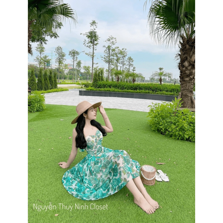 Đầm Nữ Cổ Yếm Cột Dây in Hoa 2 Màu Chất Lụa 2 Lớp Có Mút Mặc Đẹp Dáng Xinh NEW UNISEX