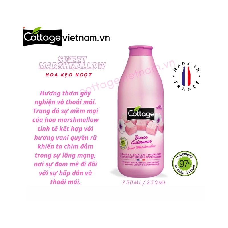 Sữa tắm Cottage của Pháp 750ml, hương kẹo Marshmallow