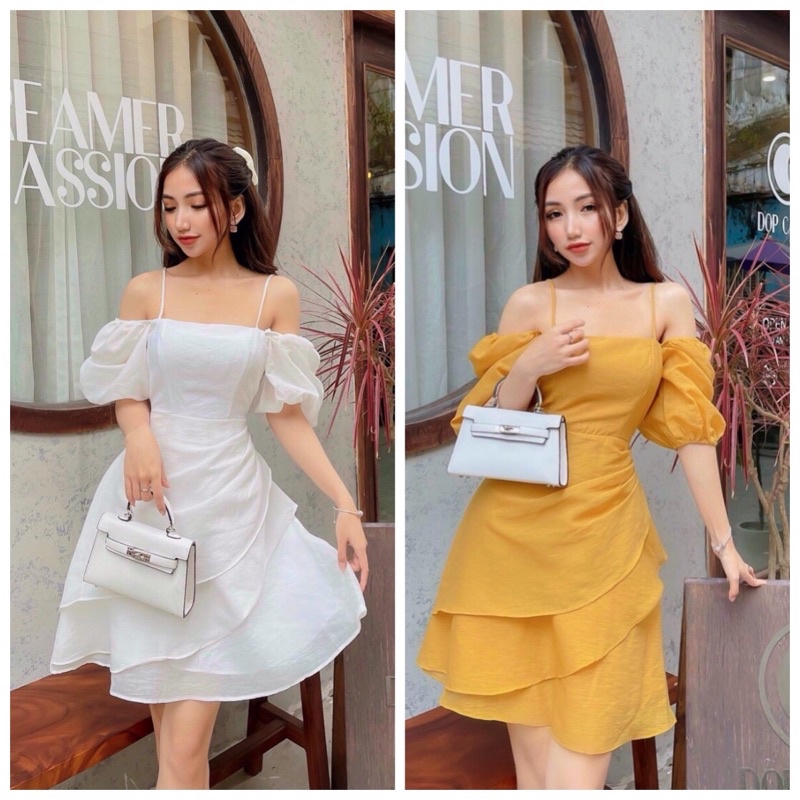 Đầm dự tiệc sang chảnh, Đầm trắng nữ hàn quốc, Đầm trễ vai dáng xòe - chất vải tơ xốp - cece house