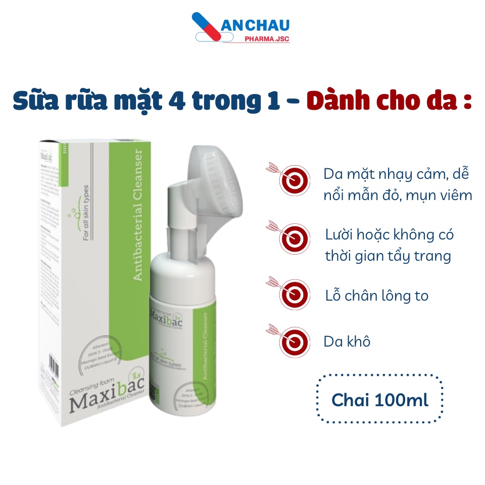 Sữa rửa mặt, srm đầu cọ tạo bọt lành tính, giảm mụn, trắng da, tẩy tế bào chết cho da dầu, da khô - MAXIBAC chính hãng