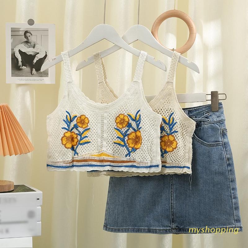 Áo Croptop Dệt Kim Không Tay Thêu Hoa Nhiều Màu Sắc Phong Cách Cổ Điển Dành Cho Nữ