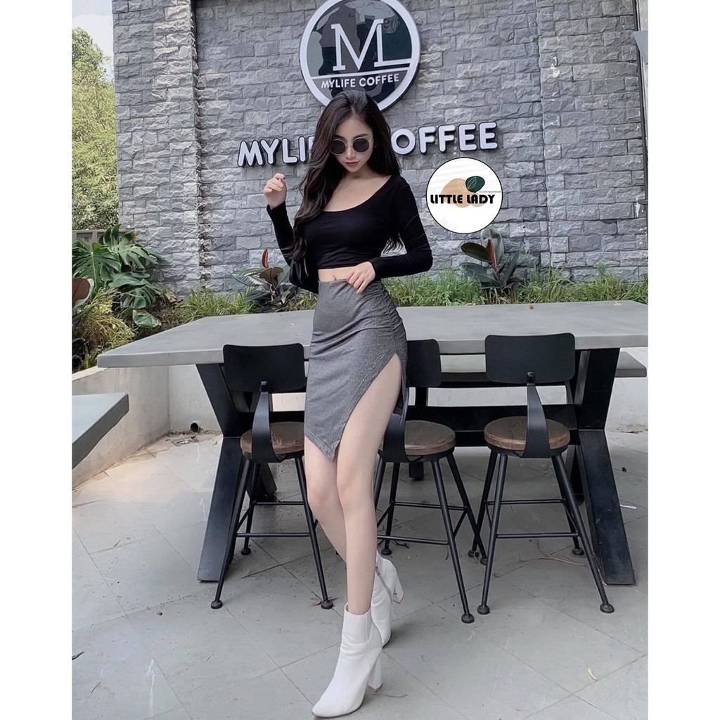 Áo Croptop Tay Dài Cổ Vuông Chất Thun Cotton Lạnh Freesize Màu Đen  "CỔ VUÔNG TAY DÀI"