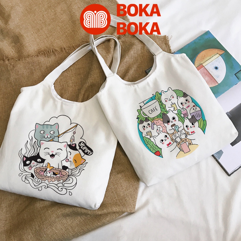 Túi Tote Vải Canvas Quai Tròn In Hình Những Người Bạn Mèo Cat Friends Có Khóa