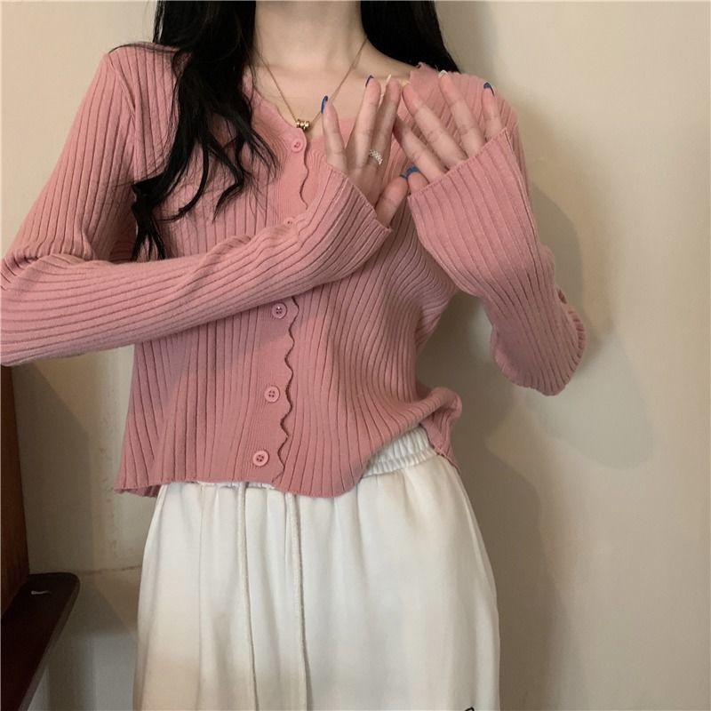 Áo Khoác Cardigan Thun Len Nữ Tay Dài Viền Lượn Sóng