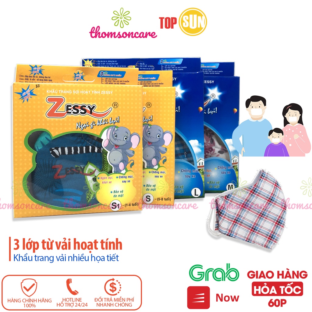 Khẩu trang vải kháng khuẩn Zessy cao cấp cho nam, nữ, thông thoáng từ sợi hoạt tính, ngăn ngừa khói bụi
