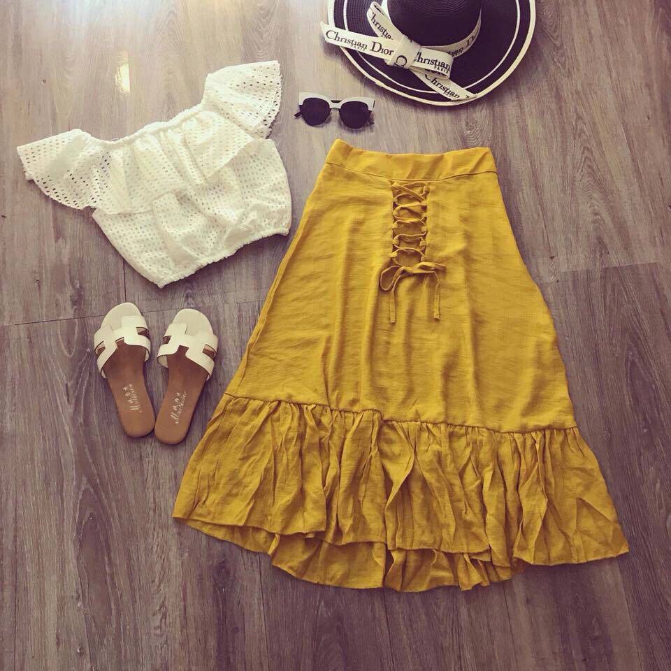[ xả kho ] HS Chân váy vintage kèm áo lưới trễ vai